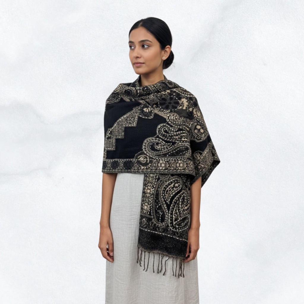 Athena Black Embroidered Shawl/Scarf